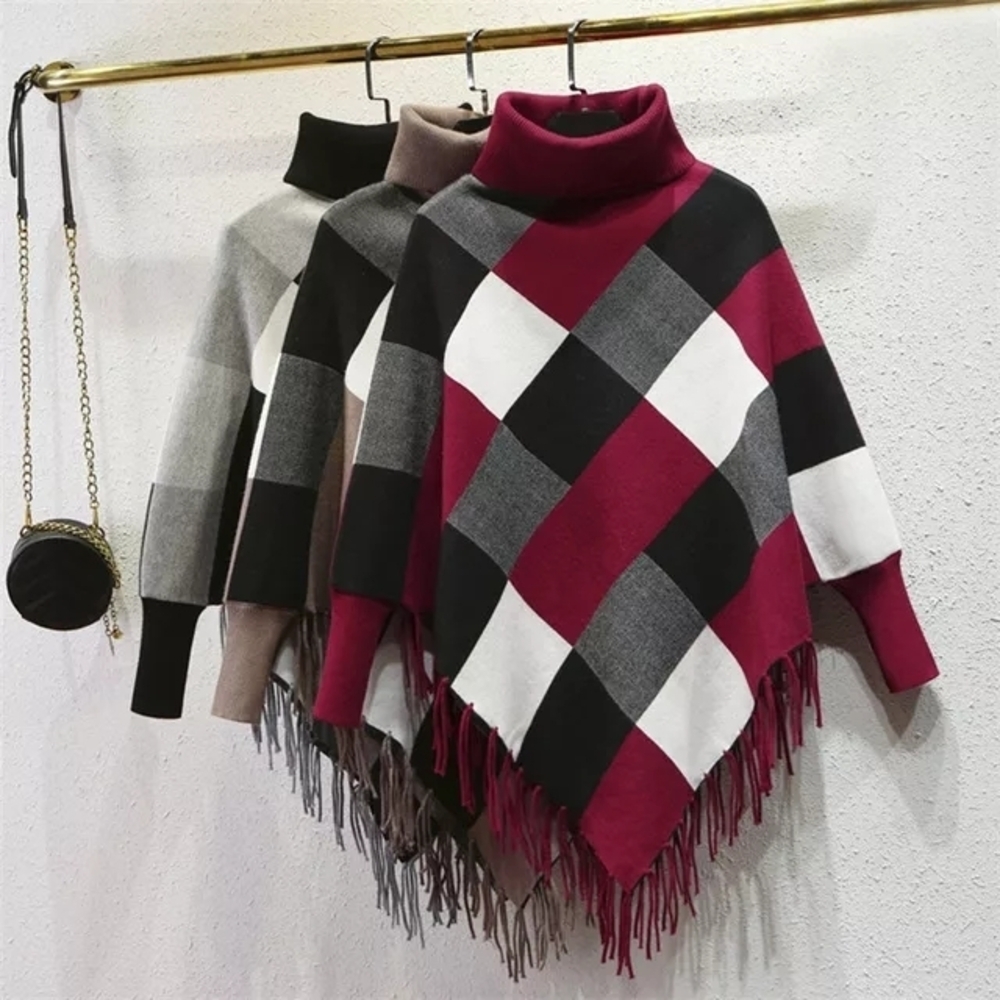 Plaid Turtleneck Poncho Sweater - Red, Black, Gray